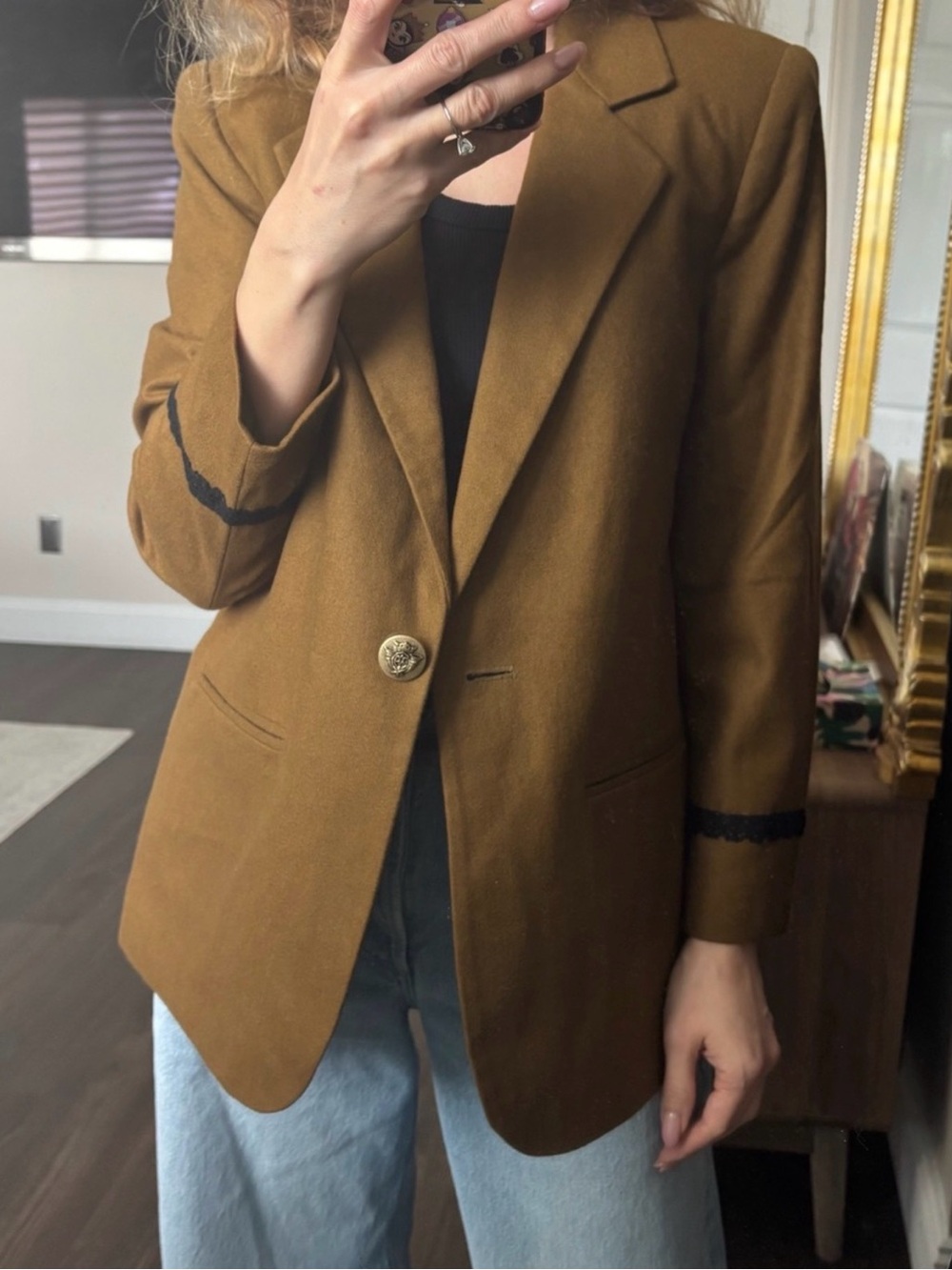 Sag Harbor Camel Brown Single-Button Blazer with Black Trim